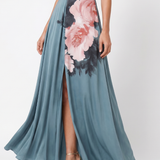 Vestido maxi Olympas halter com saia floral
