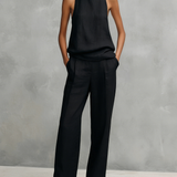 Conjunto Feminino Elegante de Top Sem Mangas e Calças em Algodão e Linho Preto