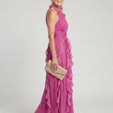 Vestido maxi Orea gola subida com folhos em camadas