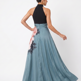 Vestido maxi Olympas halter com saia floral