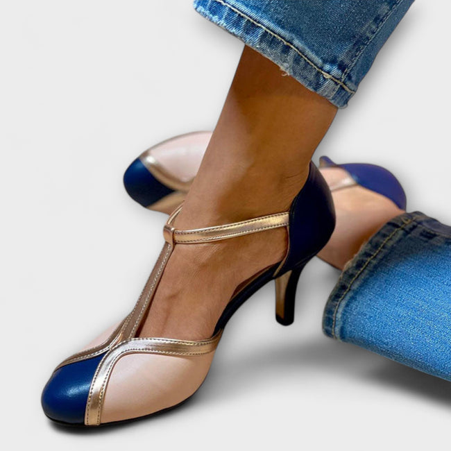 Safira – Sapatos de salto bicolores com tira em T