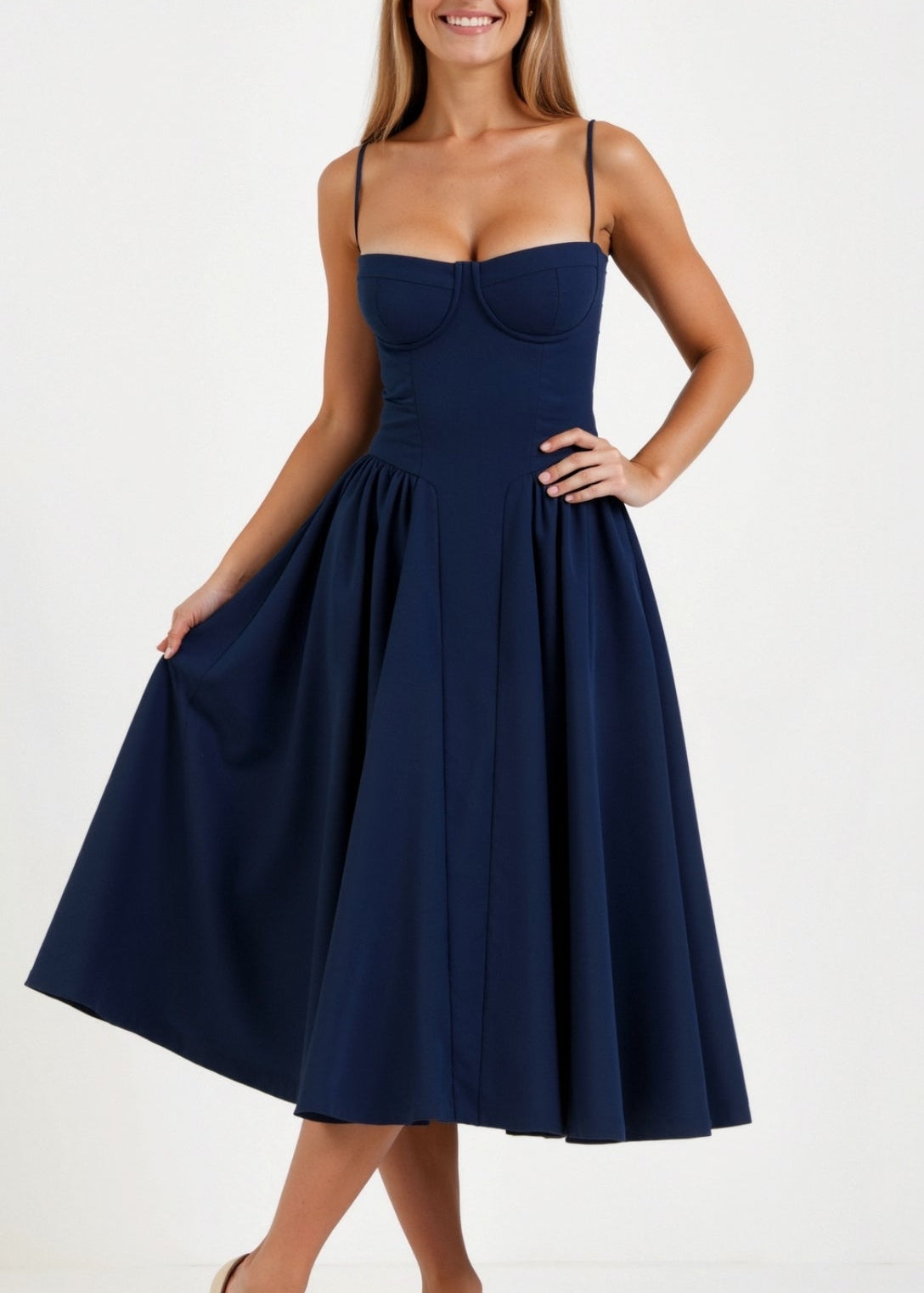 Vestido midi corpete estruturado feminino