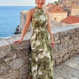 Vestido midi Olivia estampado com cintura franzida
