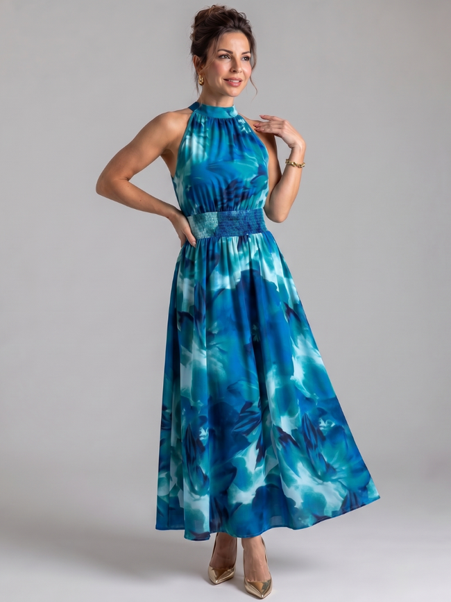 Vestido midi Olivia estampado com cintura franzida