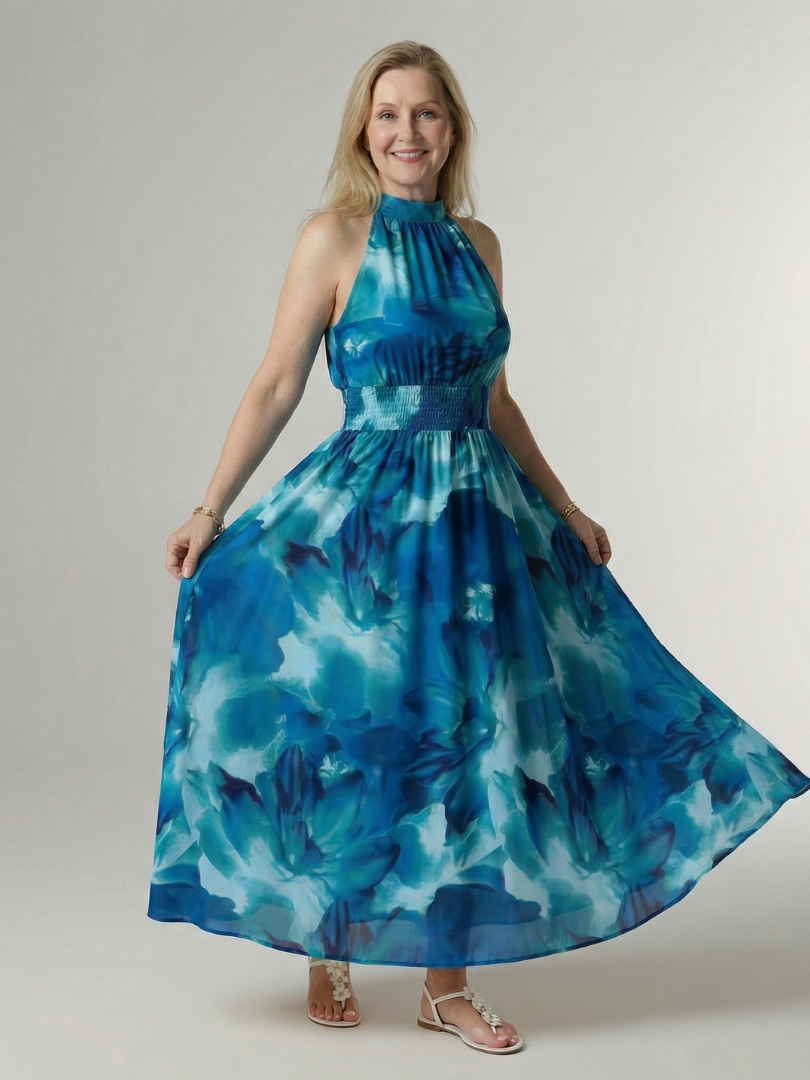 Vestido midi Sylin halter com cintura franzida