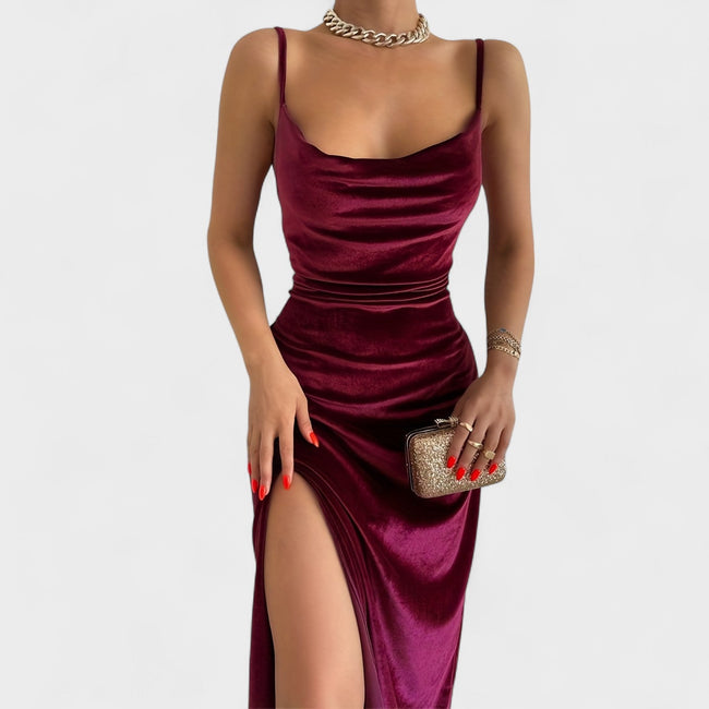 Vestido de veludo com fenda feminino
