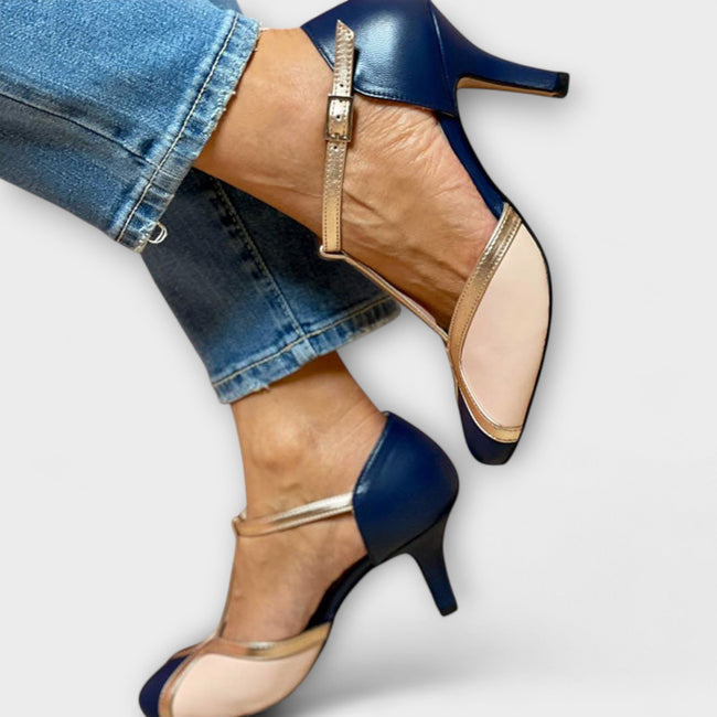 Safira – Sapatos de salto bicolores com tira em T