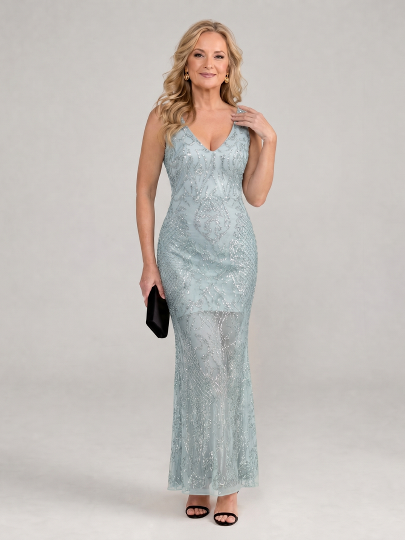Vestido midi Sirea com lantejoulas e painel transparente