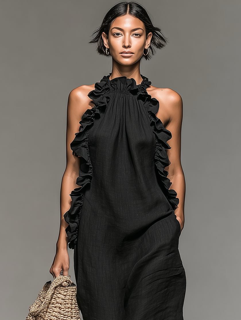 Alessandra | Vestido maxi fluido com folhos