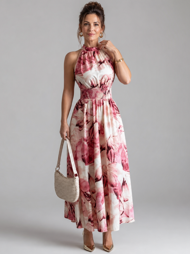 Vestido midi Olivia estampado com cintura franzida