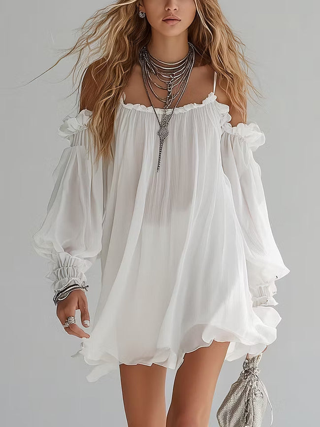 Mélusine | Vestido curto branco de ombros descobertos