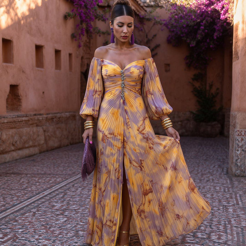 Vestido Mirella – Elegância Fluida com Ombros Descobertos