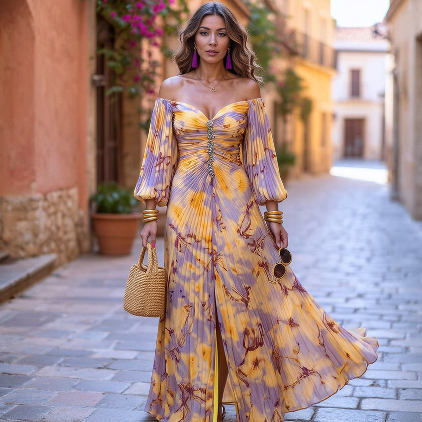 Vestido Mirella – Elegância Fluida com Ombros Descobertos