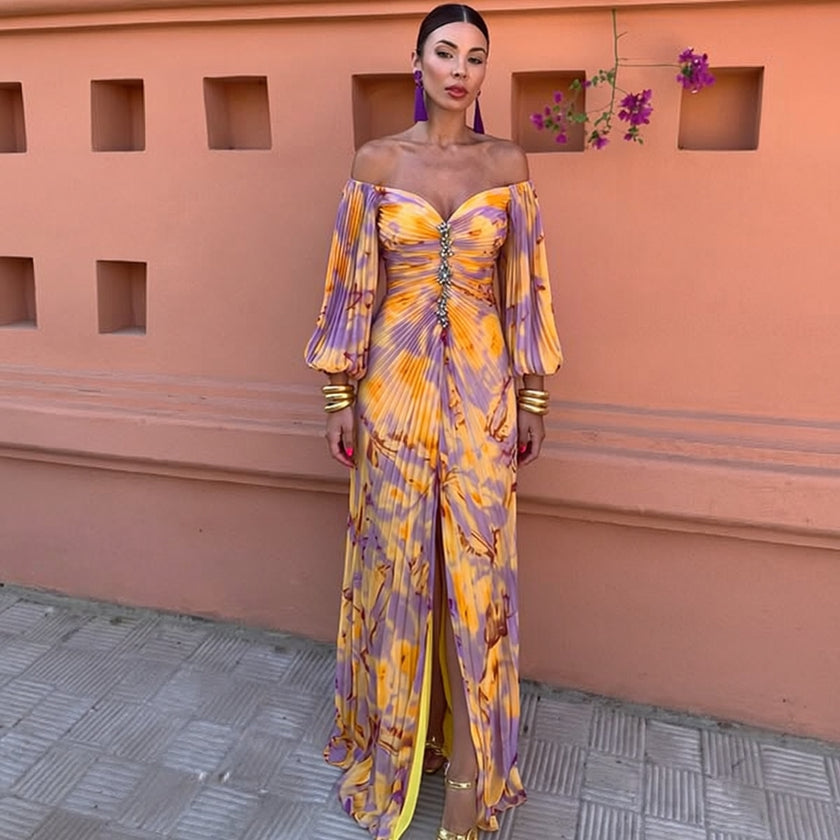 Vestido Mirella – Elegância Fluida com Ombros Descobertos