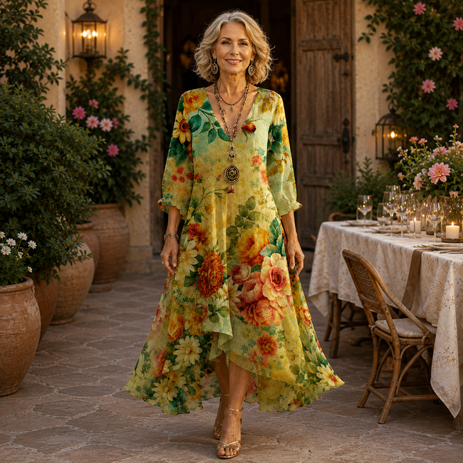 Fiorella — Vestido Floral Fluido com Bainha Assimétrica