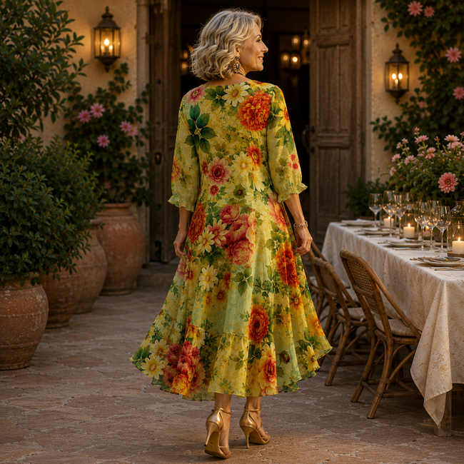Fiorella — Vestido Floral Fluido com Bainha Assimétrica