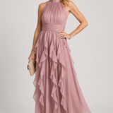 Vestido maxi Orea gola subida com folhos em camadas