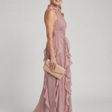 Vestido maxi Orea gola subida com folhos em camadas