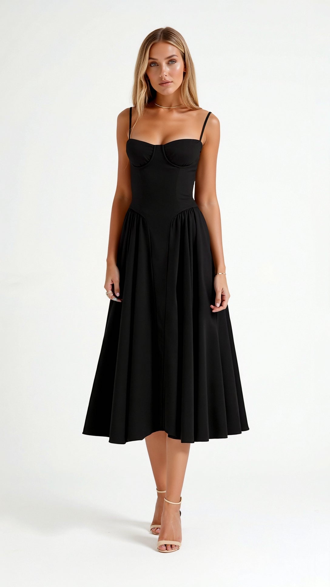 Vestido midi corpete estruturado feminino