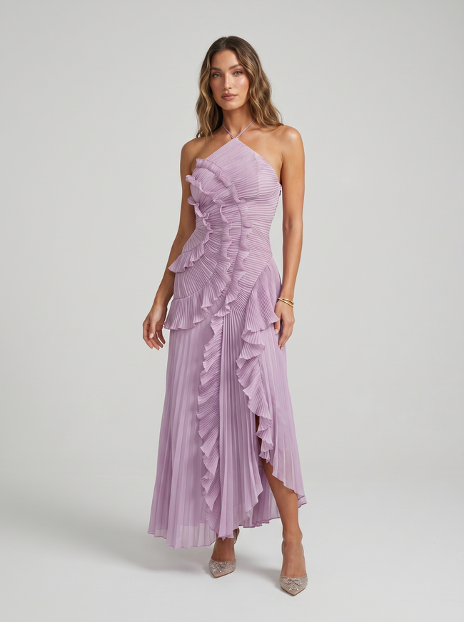 Leonor | Vestido longo plissado com volantes