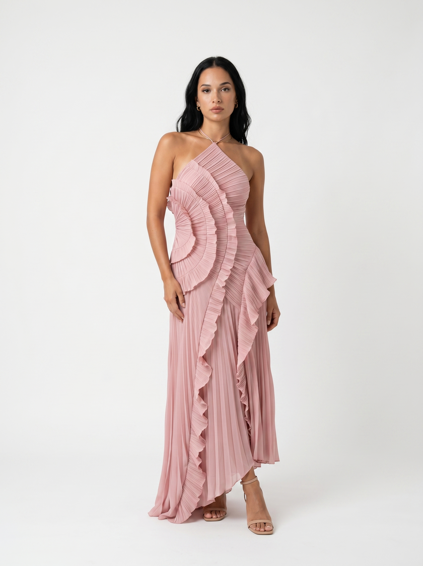 Leonor | Vestido longo plissado com volantes