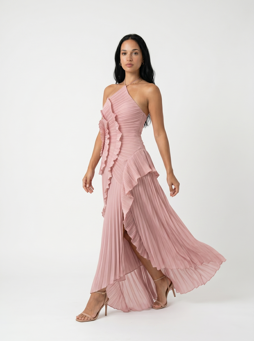 Leonor | Vestido longo plissado com volantes