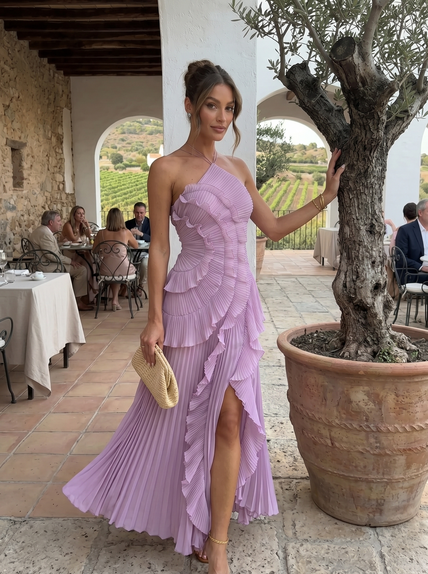 Leonor | Vestido longo plissado com volantes