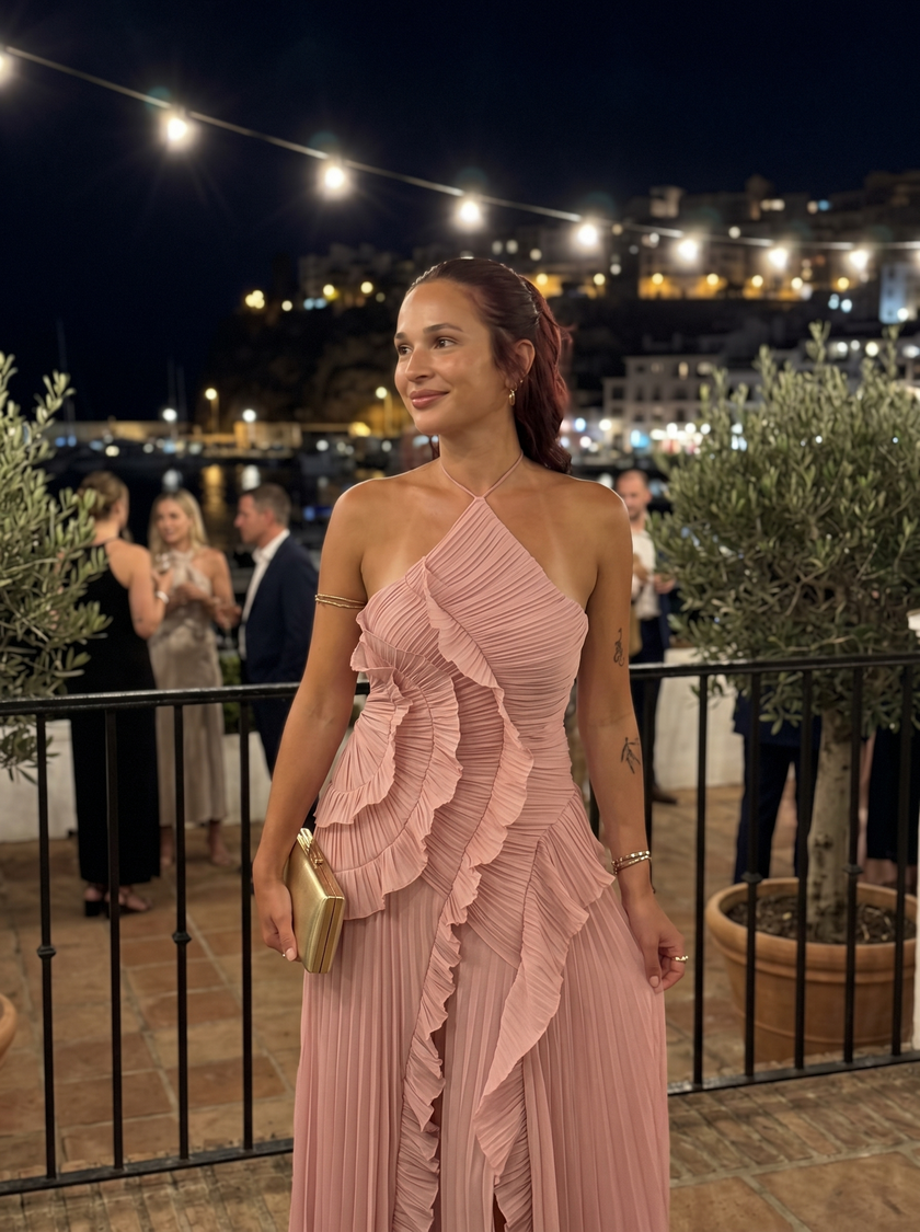 Leonor | Vestido longo plissado com volantes