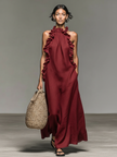 Alessandra | Vestido maxi fluido com folhos