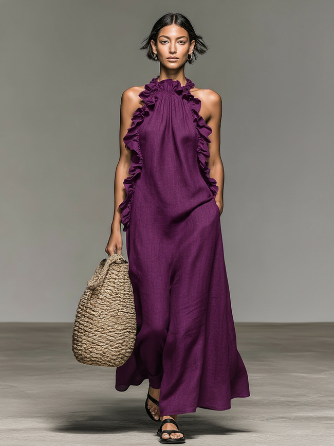 Alessandra | Vestido maxi fluido com folhos