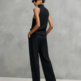 Conjunto Feminino Elegante de Top Sem Mangas e Calças em Algodão e Linho Preto