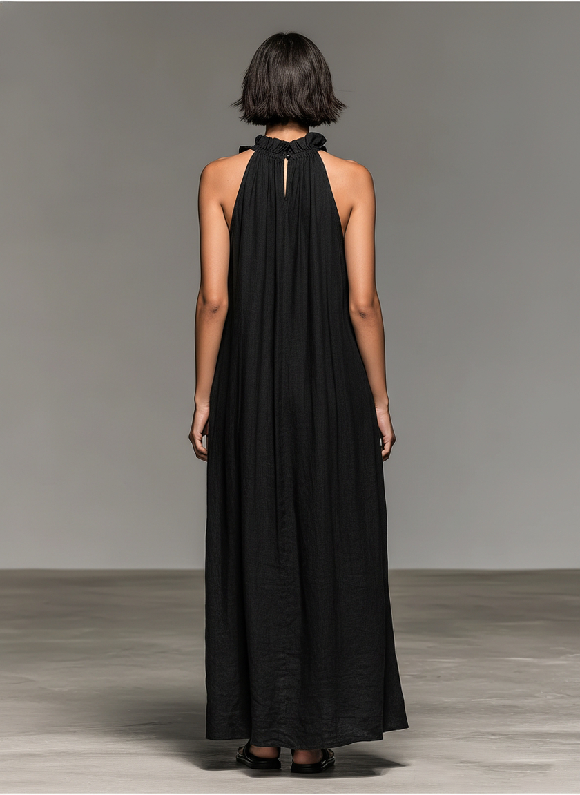 Alessandra | Vestido maxi fluido com folhos