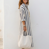 Naomi | Vestido Camisero Midi de Manga Larga às Riscas