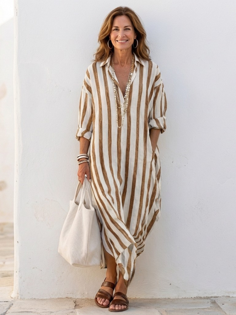 Naomi | Vestido Camisero Midi de Manga Larga às Riscas