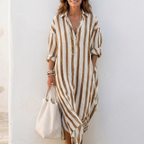 Naomi | Vestido Camisero Midi de Manga Larga às Riscas