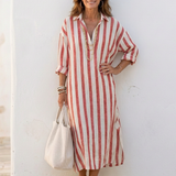 Naomi | Vestido Camisero Midi de Manga Larga às Riscas
