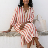 Naomi | Vestido Camisero Midi de Manga Larga às Riscas