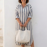 Naomi | Vestido Camisero Midi de Manga Larga às Riscas