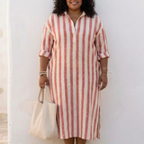 Naomi | Vestido Camisero Midi de Manga Larga às Riscas