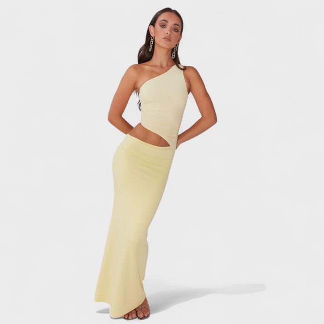 Vestido maxi assimétrico feminino