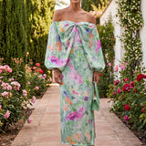 Emília | Vestido Midi Floral de Ombros Descobertos