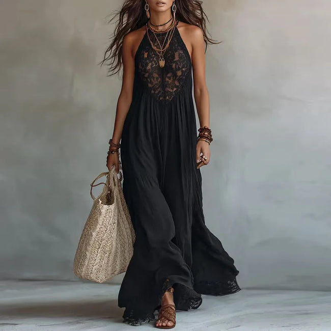 Lívia | Vestido maxi com painéis de renda