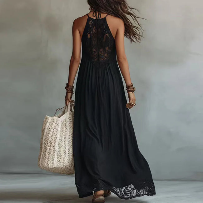 Lívia | Vestido maxi com painéis de renda