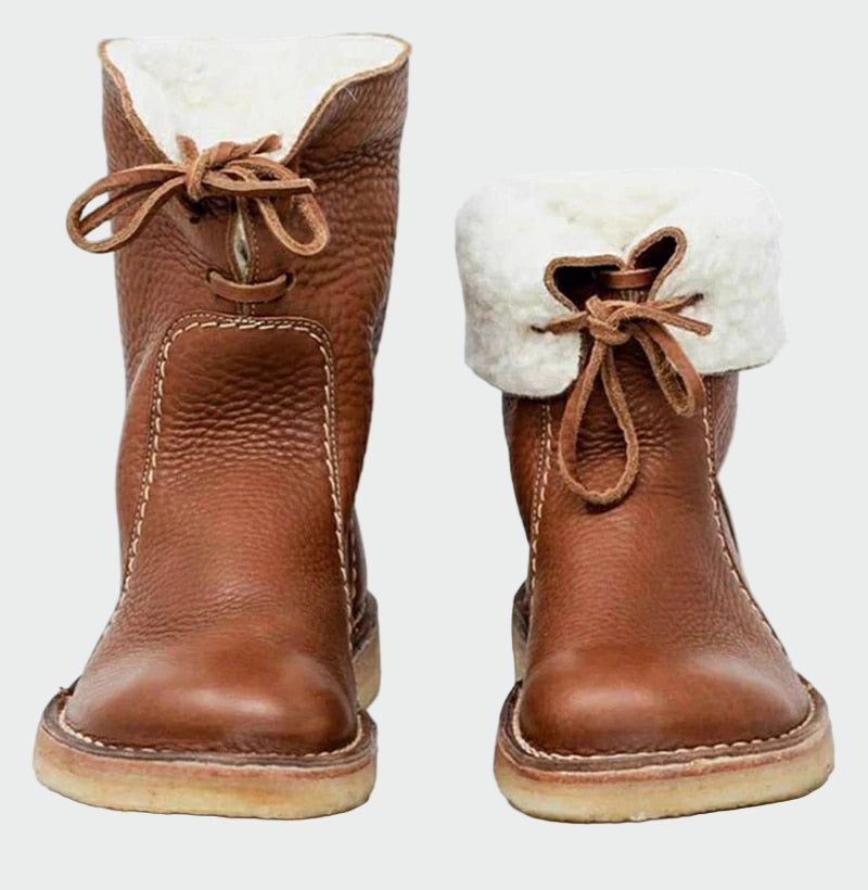 Botins de couro impermeáveis com forro de lã feminino