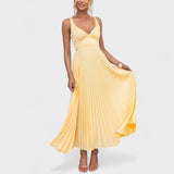 Vestido maxi amarelo plissado feminino