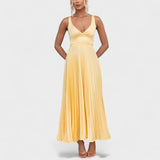 Vestido maxi amarelo plissado feminino
