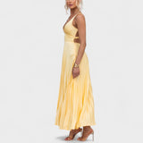 Vestido maxi amarelo plissado feminino