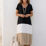 Thalia | Vestido Midi de Decote em V e Manga Curta em Bloques de Cor