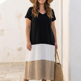 Thalia | Vestido Midi de Decote em V e Manga Curta em Bloques de Cor