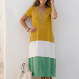 Thalia | Vestido Midi de Decote em V e Manga Curta em Bloques de Cor